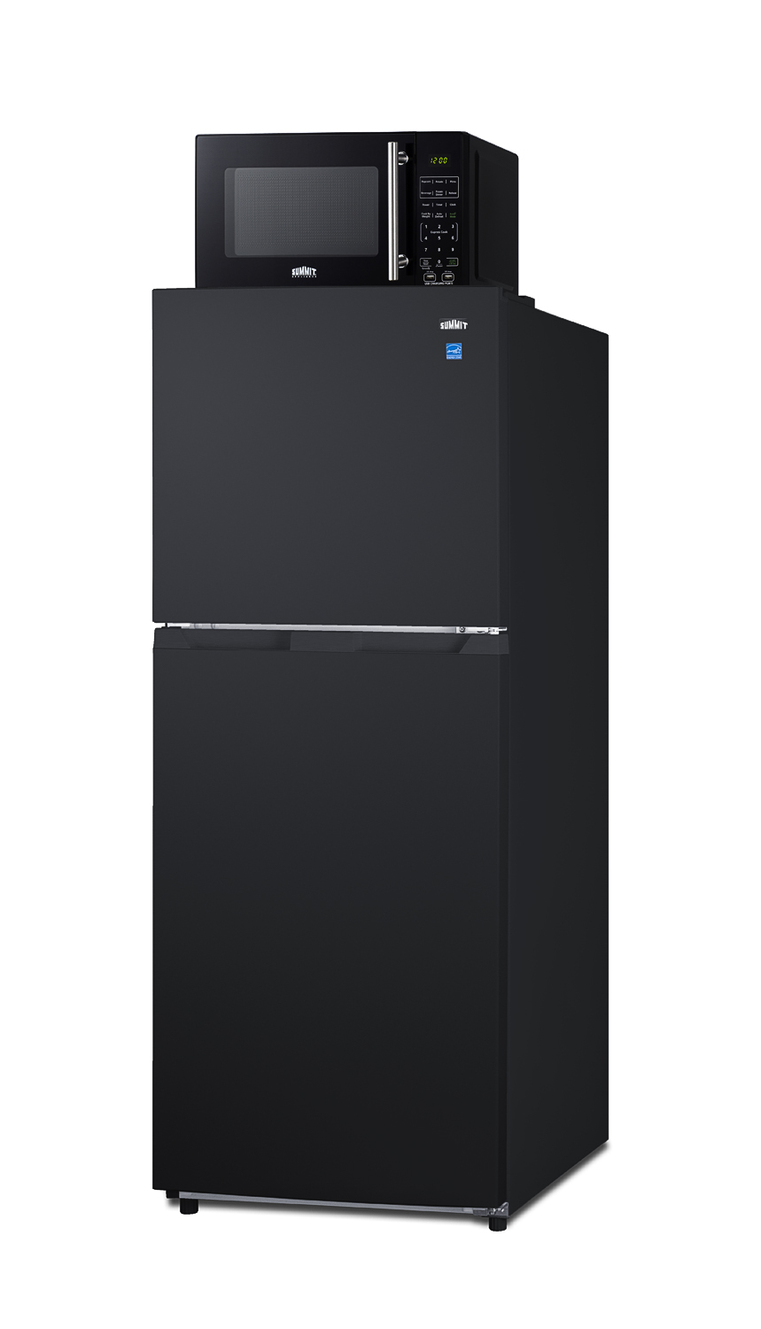 Frost-free 10.1 cu.ft. refrigerator-freezer and compact microwave in black with allocator and USB ports for 1-plug operation; ships in three boxes on one pallet